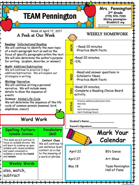 TEAM Pennington A Peek at Our Week Mark Your Calendar WEEKLY HOMEWORK