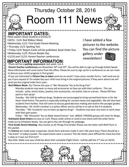 Room 111 News Thursday October 28, 2016 Important dates: