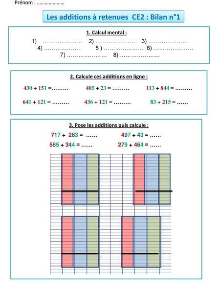 Les additions à retenues CE2 : Bilan n°1