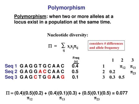 Polymorphism Polymorphism: when two or more alleles at a locus exist in a population at the same time. Nucleotide diversity: P = xixjpij considers.