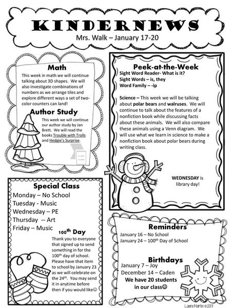 Kindernews Mrs. Walk – January Math Peek-at-the-Week