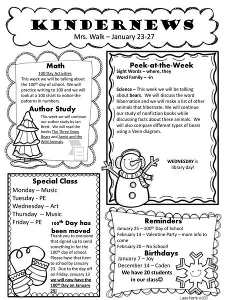 Kindernews Mrs. Walk – January Math Peek-at-the-Week