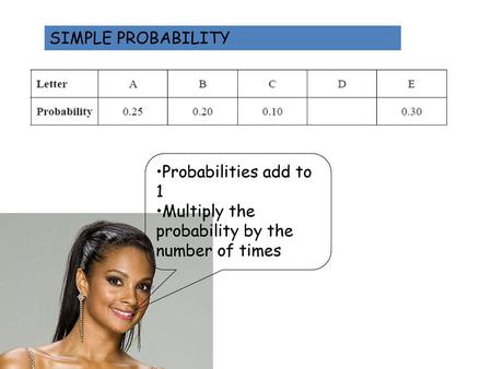 SIMPLE PROBABILITY Probabilities add to 1