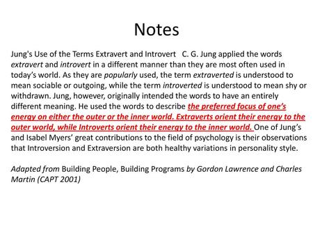 Notes Jung's Use of the Terms Extravert and Introvert   C. G. Jung applied the words extravert and introvert in a different manner than they are most often.