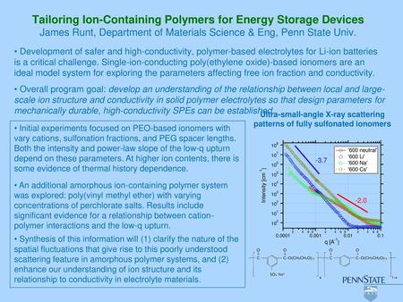 Tailoring Ion-Containing Polymers for Energy Storage Devices James Runt, Department of Materials Science & Eng, Penn State Univ. Development of safer.