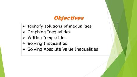 Objectives Identify solutions of inequalities Graphing Inequalities