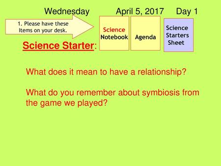 Science Starter: Wednesday April 5, 2017 Day 1