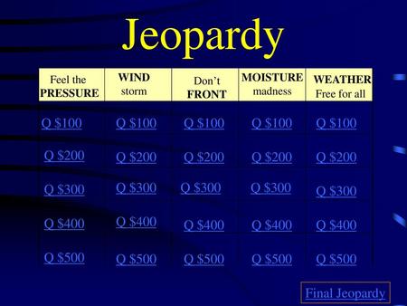 Jeopardy WEATHER Q $100 Q $100 Q $100 Q $100 Q $100 Q $200 Q $200