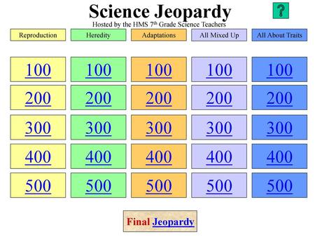 Science Jeopardy Hosted by the HMS 7th Grade Science Teachers