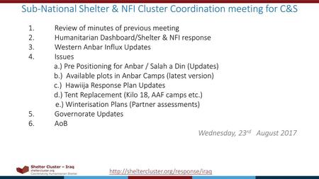 Sub-National Shelter & NFI Cluster Coordination meeting for C&S