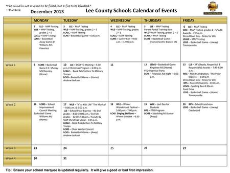 Lee County Schools Calendar of Events