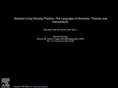 Ethel Mitty, EdD, RN, Sandi Flores, RN, C  Geriatric Nursing 