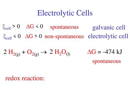 Electrolytic Cells galvanic cell electrolytic cell 2 H2(g) + O2(g) 