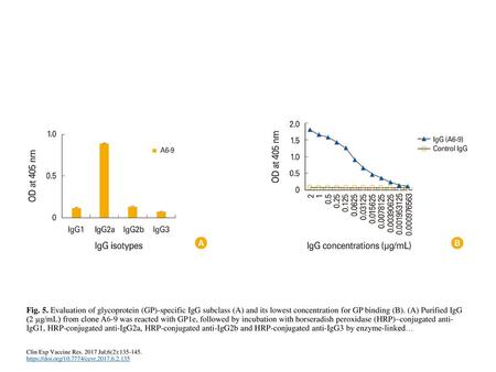 Fig. 5. Evaluation of glycoprotein (GP)-specific IgG subclass (A) and its lowest concentration for GP binding (B). (A) Purified IgG (2 µg/mL) from clone.