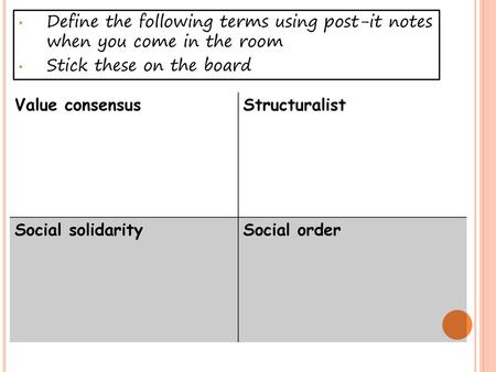 Stick these on the board Value consensus Structuralist