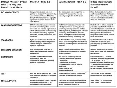 SUBJECT (Week 17) 2nd Sem Date: May 2016 Room 111 – W. Martin