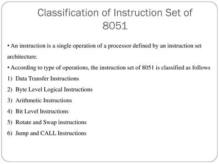 Classification of Instruction Set of 8051