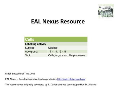 EAL Nexus Resource Cells Labelling activity Subject: Science