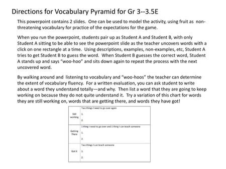 Directions for Vocabulary Pyramid for Gr E