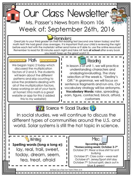 Spelling words (long a long e): *Homecoming week: October 3-7*