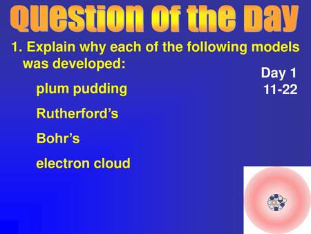 Question of the Day Explain why each of the following models was developed: plum pudding Rutherford’s Bohr’s electron cloud Day 1 11-22.