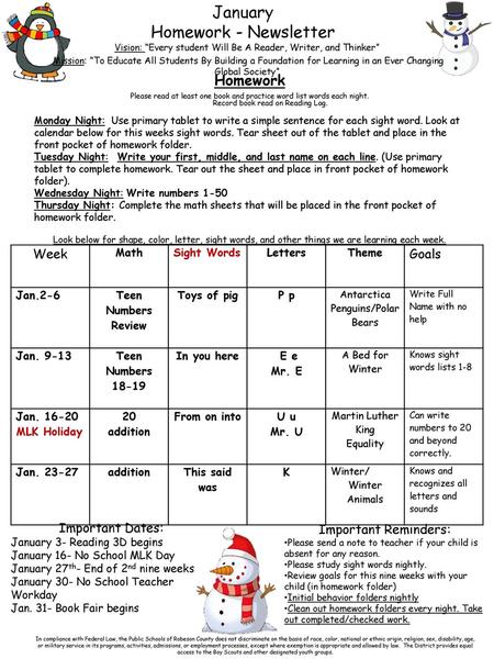 January Homework - Newsletter