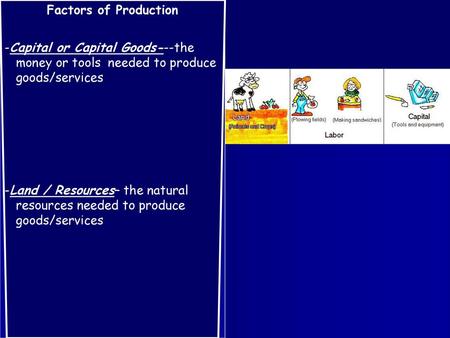 Factors of Production -Capital or Capital Goods---the money or tools needed to produce goods/services -Land / Resources– the natural resources needed.