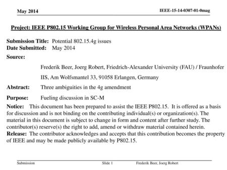 Submission Title: Potential g issues Date Submitted: May 2014