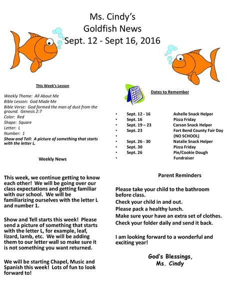 Ms. Cindy’s Goldfish News Sept Sept 16, 2016