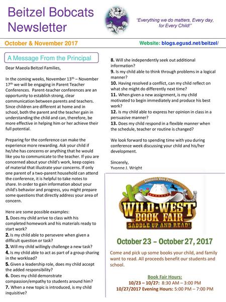 Beitzel Bobcats Newsletter October 23 – October 27, 2017