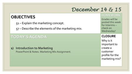 December 14 & 15 Objectives Today’s Agenda Homework