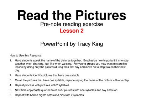 Pre-note reading exercise Lesson 2 PowerPoint by Tracy King