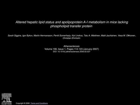 Altered hepatic lipid status and apolipoprotein A-I metabolism in mice lacking phospholipid transfer protein  Sarah Siggins, Igor Bykov, Martin Hermansson,