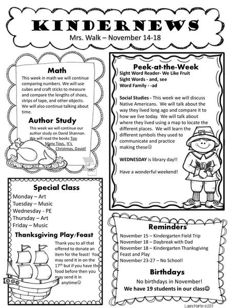 Kindernews Mrs. Walk – November Peek-at-the-Week Math