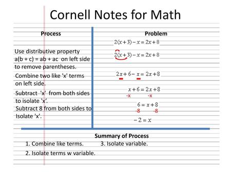 Cornell Notes for Math Process Problem Use distributive property