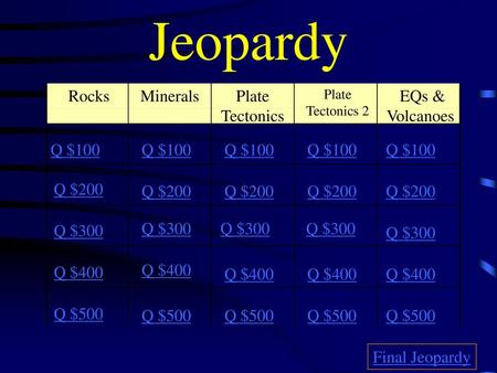 Jeopardy Rocks Minerals Plate Tectonics EQs & Volcanoes Q $100 Q $100