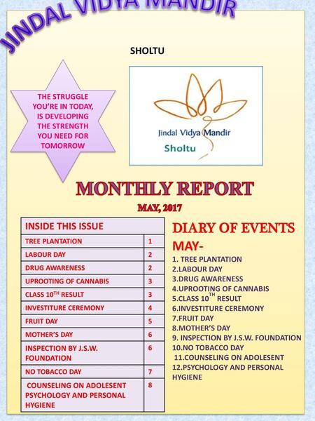 JINDAL VIDYA MANDIR MONTHLY REPORT DIARY OF EVENTS MAY- SHOLTU