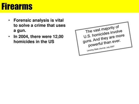 Firearms Forensic analysis is vital to solve a crime that uses a gun.