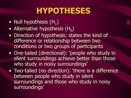 HYPOTHESES Null hypothesis (H1) Alternative hypothesis (H0)