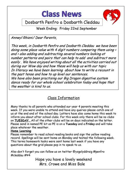 Class News Dosbarth Penfro a Dosbarth Cleddau Class Information