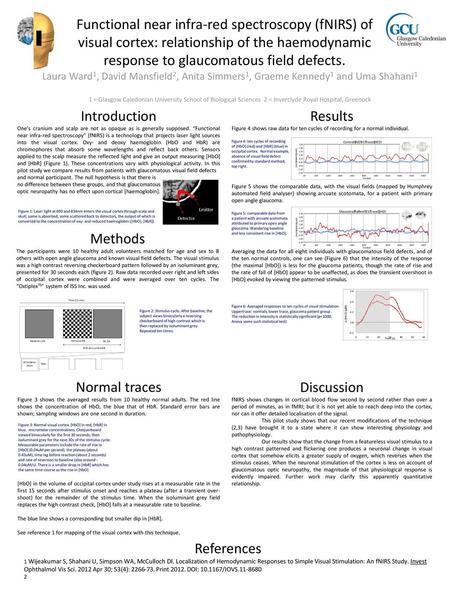 Functional near infra-red spectroscopy (fNIRS) of visual cortex: relationship of the haemodynamic response to glaucomatous field defects. Laura Ward1,