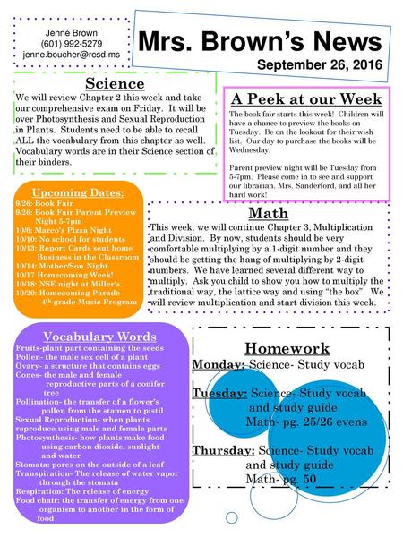 Mrs. Brown’s News Science A Peek at our Week Math Homework