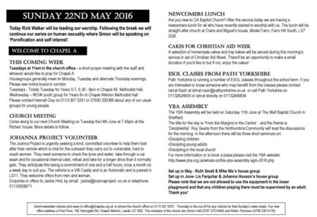 SUNDAY 22nd May 2016 Newcomers Lunch