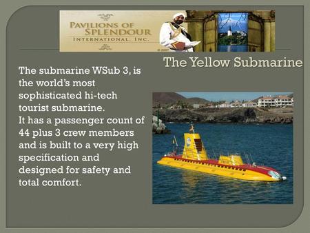 The Yellow Submarine The submarine WSub 3, is the world’s most sophisticated hi-tech tourist submarine. It has a passenger count of 44 plus 3 crew members.