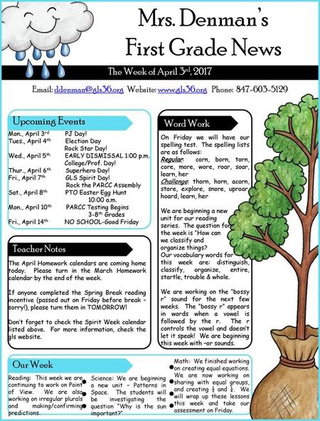 Mrs. Denman’s First Grade News Upcoming Events