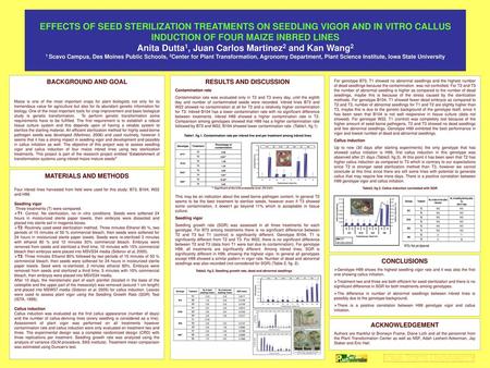 EFFECTS OF SEED STERILIZATION TREATMENTS ON SEEDLING VIGOR AND IN VITRO CALLUS INDUCTION OF FOUR MAIZE INBRED LINES Anita Dutta1, Juan Carlos Martinez2.