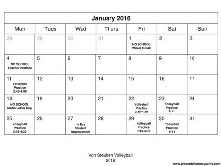 January 2016 Mon Tues Wed Thurs Fri Sat Sun