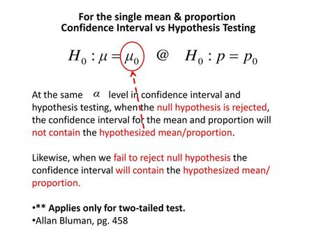 For the single mean & proportion Confidence Interval vs Hypothesis Testing At the same level in confidence interval and hypothesis testing,