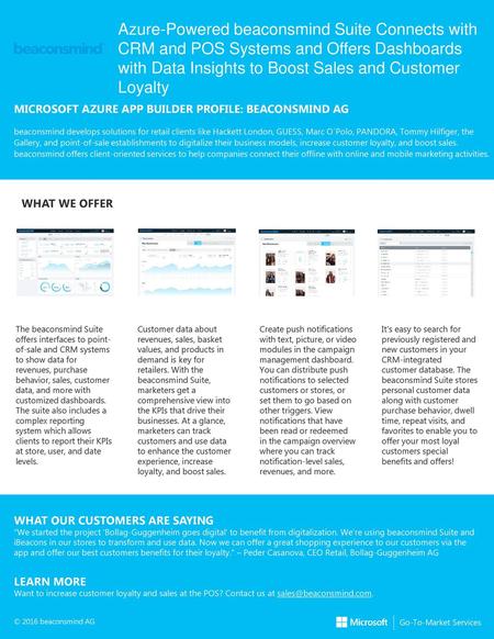 Azure-Powered beaconsmind Suite Connects with CRM and POS Systems and Offers Dashboards with Data Insights to Boost Sales and Customer Loyalty MICROSOFT.