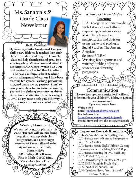 Ms. Sanabia’s 5th Grade Class Newsletter